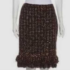 Lafayette 148 New York Tweed Wool Blend Brown Skirt With Embellished Hem Sz 2